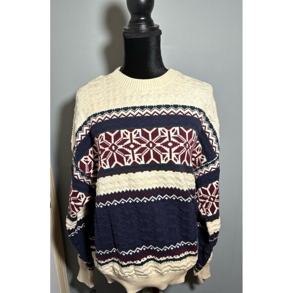 Vintage Van Heusen 417 Ivory Fair Isle Crew Neck Pullover Sweater Mens - Picture 1 of 5